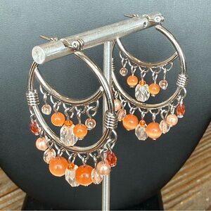 Double Hoop Orange Cat Eye Beaded Dangle Earrings Silver Tone Pierced AVON